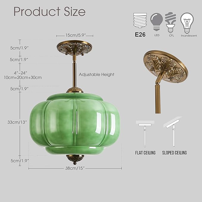 Green Milk Glass Ceiling Light Fixture, 15" Semi Flush Mount Pendant Light with Antique Brass Finish, Schoolhouse Light Fixture - Antique Chandelier for Kitchen, Hallway, Dining Room
