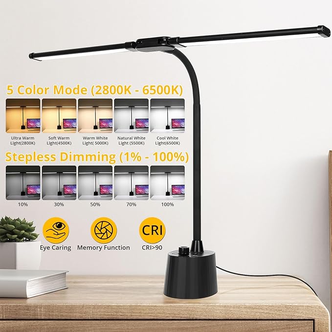 Woputne Desk Lamp, Dual Head, Smart USB A+C Charging Port, 5 Color Modes Dimmable, 2600 Lumens 12W Wide-Angle Lighting Table Lamp, 49cm Height for Bedside Reading, Office, Study, Crafts, Draw