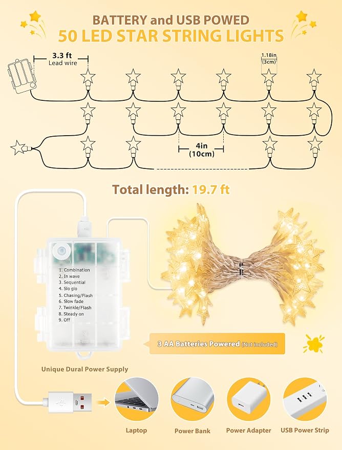 Star String Lights Battery&USB Powered,19FT 50LED Star Fairy Lights with Remote, Hanging Star Lights for Home, Kids Tent, Bedroom,Porch, Classroom, Christmas,Party,Room Decor,Warm White