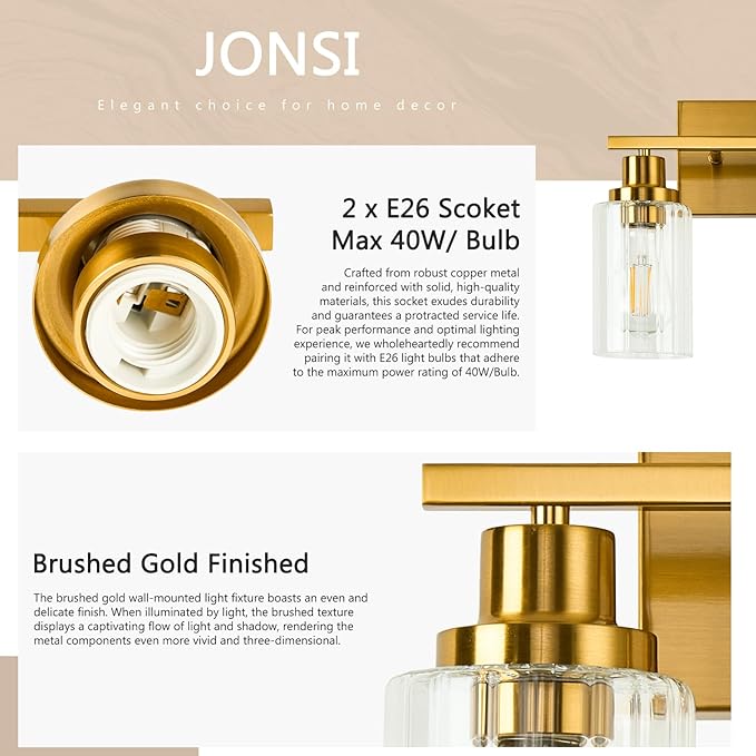 Jonsi Gold Bathroom Light Fixtures, 2 Light Brushed Gold Vanity Lights With Fluted Glass Shade, Modern Lights Over Mirror, Vanity Lighting Fixtures