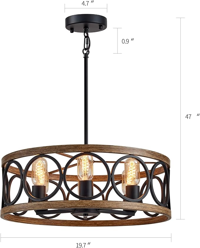 Modern Farmhouse Drum Chandelier Black and Retro Wood Finish 6-Lights Round Metal Antique Vintage Chandelier Light Fixtures for Kitchen Dining Room Living Room Bedroom