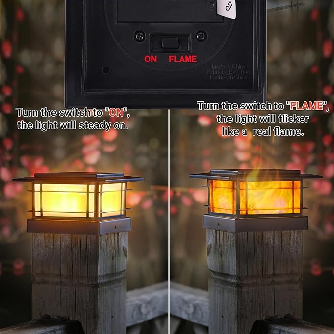 Dynaming 4x4 Solar Post Cap Lights Outdoor with Flickering Flame Light, 2 Pack Black Shell Fence Post Solar Lights Fit 4x4 Vinyl/Wooden Posts, Brightness LED Lighting Decor for Garden Deck Patio