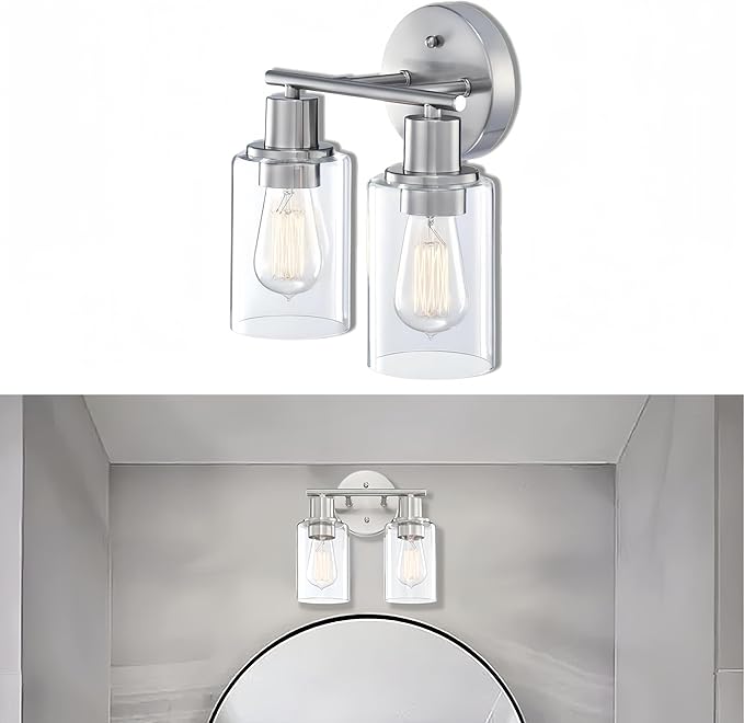 WISBEAM 2-Light Bathroom Vanity Light, Brushed Nickel Bathroom Light Fixtures Over Mirror with Clear Glass Shade Including E26 Medium Base, Bulb NOT Included
