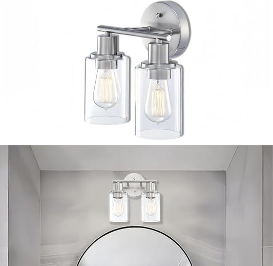 WISBEAM 2-Light Bathroom Vanity Light, Brushed Nickel Bathroom Light Fixtures Over Mirror with Clear Glass Shade Including E26 Medium Base, Bulb NOT Included
