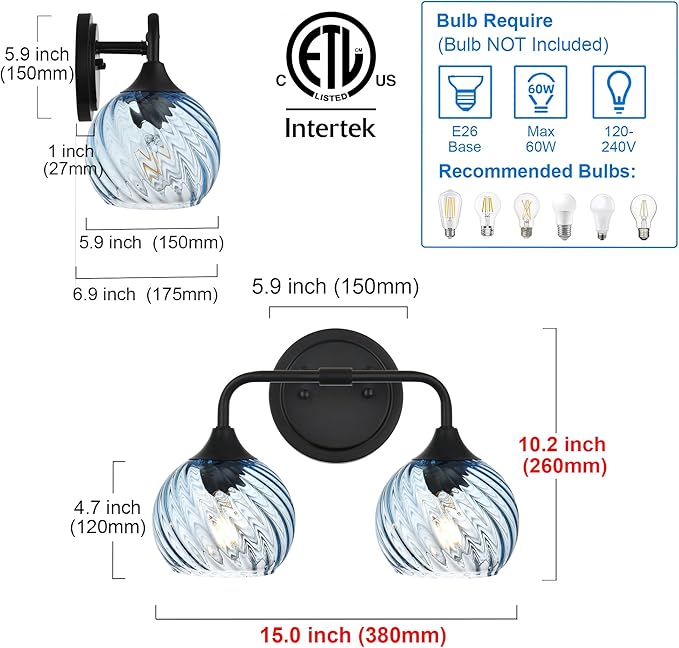 MELUCEE 15 Inch 2 Light Bathroom Wall Lights with Blue Striped Swirl Glass Shade, Black Bathroom Lights Over Mirror Vanity Lighting Fixtures Wall Lamp for Bathroom, Living Room, Hallway