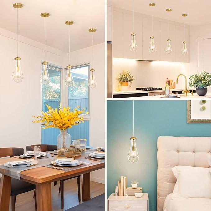 Raindrop Pendant Light Set of 2, Gold 4.7in Clear Glass Teardrop Pendant Lights for Kitchen, Modern Pendant Lights Kitchen Island for Dining Room, Bathroom, Hallway, Adjustable Cord, Bulb Included