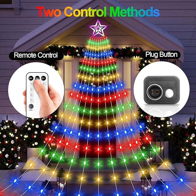 Christmas Star Waterfall Tree Lights - 23ft 11 Strand 818 LED Outdoor Decorations With 8 Modes Timer Remote - Plug-in Multicolor Lights for Indoor Yard Patio Home Holiday Party Decor