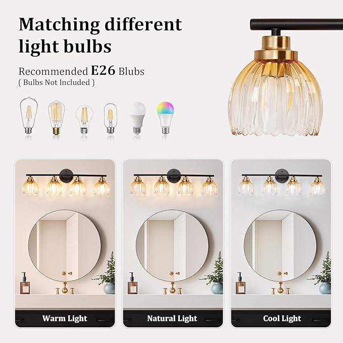 TALOYA Bathroom Vanity Light Fixtures, 4-Light Black and Gold Wall Lights for Mirror with Gradient Amber Tulip Glass Shades, Over Sink Lighting for Bedroom, Living Room, Hallway