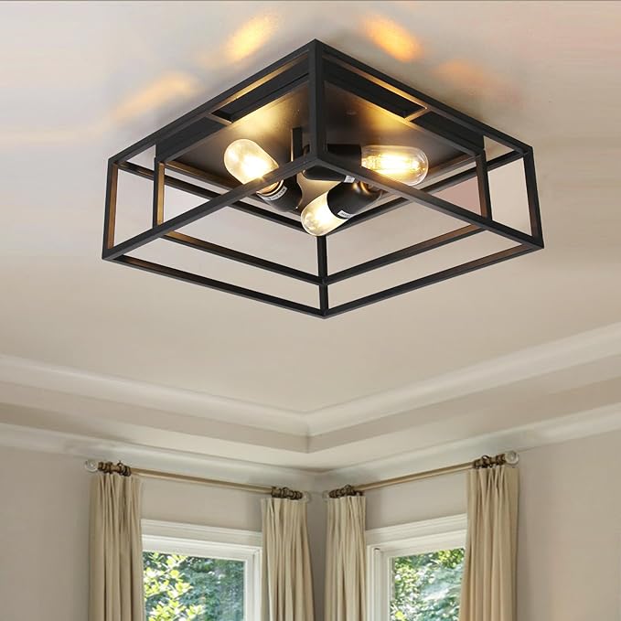 HuisMier Black Flush Mount Ceiling Light Fixture, 3-Lights Industrial Metal Close to Ceiling Lights, Farmhouse Kitchen Light Fixtures for Dining Room Bedroom Entryway Hallway