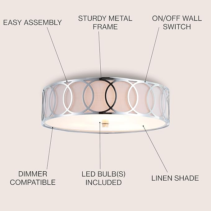 JONATHAN Y 13.25" Chrome Modern Metal LED Flush Mount Ceiling Light for Bedroom Hallway, White Linen Drum Shade with Geometric Fretwork, LED Bulbs Included (JYL3503B)