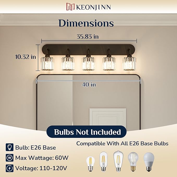 Keonjinn 5-Light Bathroom Light Fixtures, Crystal Black Bathroom Vanity Lights Over Mirror, Vanity Lighting Fixtures with Crystal Square Shades (E26 Socket, Exclude Bulb)