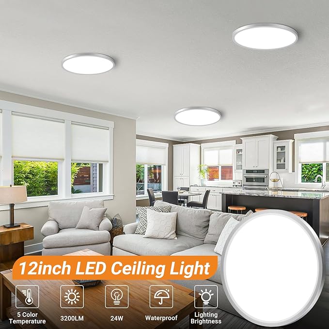 slochi 2Pack LED Flush Mount Ceiling Light Fixture, 12 Inch 24W, 3200LM, Super Slim 0.7 Inch, 3000K-6500K Adjustable Low Profile LED Ceiling Lights for Bedroom, Kitchen, Hallway(Brushed Nickel)