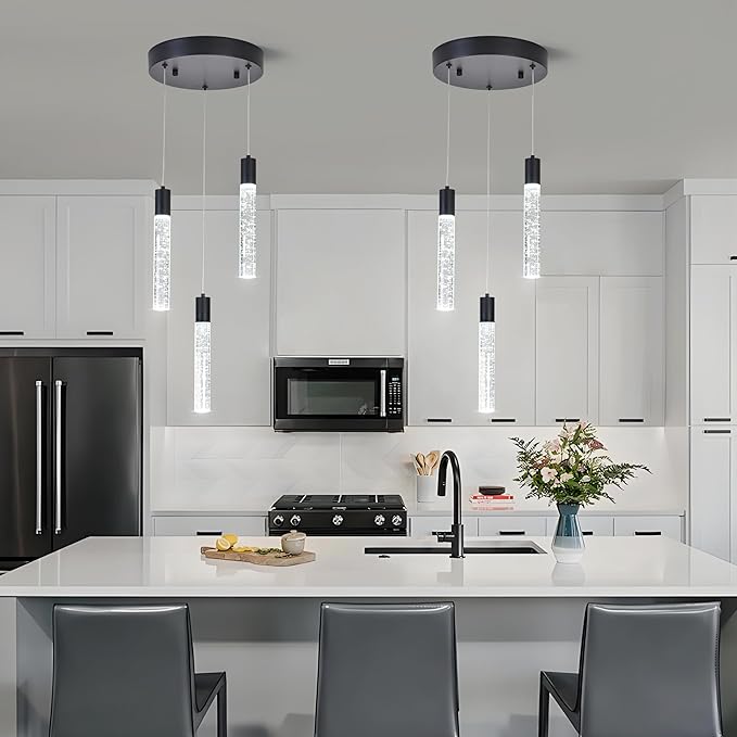 3-Light Bubble Crystal Ceiling Matte Black Integrated Crystal Pendant Chandelier,Dimmable LED Ceiling Light with Adjustable Height for Kitchen Island, Dining Room & Bedroom 3000K -6000K