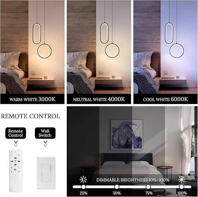 Black Modern Mini LED Pendant Light with Remote Control, 2 Ring 24W 3-Color Temp Stepless Dimmable Ceiling Hanging Light for Bedroom Kitchen Island Dining Room Foyer Entryway
