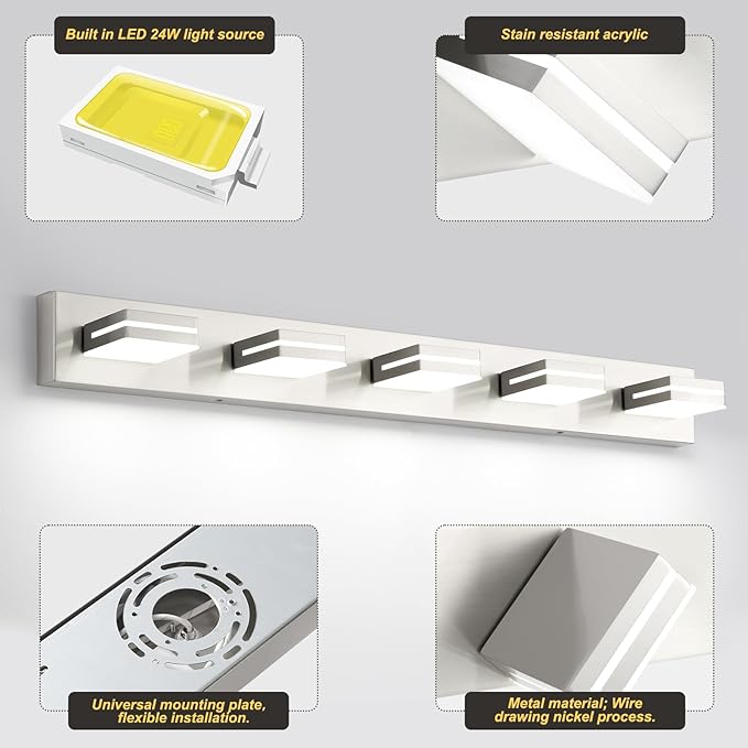 OKELI 5 Light Bathroom Vanity Light Brushed Nickel Modern 36W LED Dimmable Vanity Light Over Mirror 350° Adjustable Lamp Head Cold White 6000K ETL Listed 36.2Inch