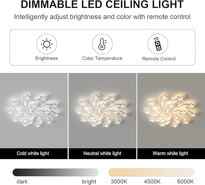 JAYMP Star Shaped Ceiling Light Dimmable Modern Ceiling Lamp Remote Control LED Lighting Fixture for Bedroom Living Room Dining Room (White/15 Stars)