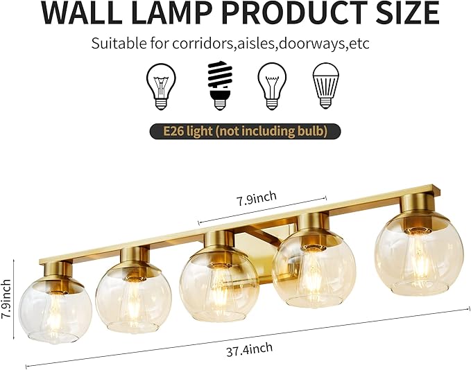 PAZALA Brushed Brass Bathroom Light Fixtures Over Mirror 5-Lights Vanity Light Wall Sconce with Globe Glass Shade E26 Base Perfect for Hallway Picture Wall Lighting Bathroom Bedroom Mirror Living Room