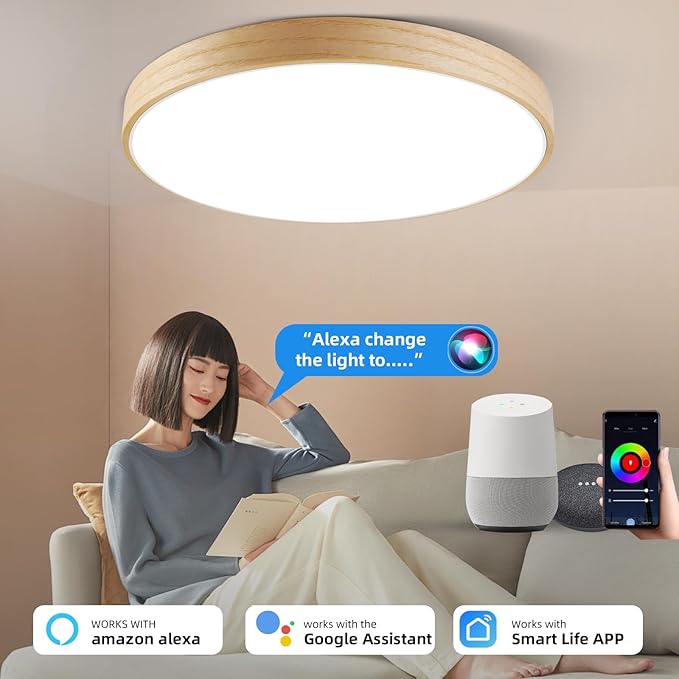 HOREVO Smart WiFi LED Ceiling Light with Remote - Alexa/Google Home, Dimmable RGB Color Changing Ceiling Light Fixture(2700K-6500K), 12" Modern Wood Flush Mount for Bedroom/Living Room/Kids Room