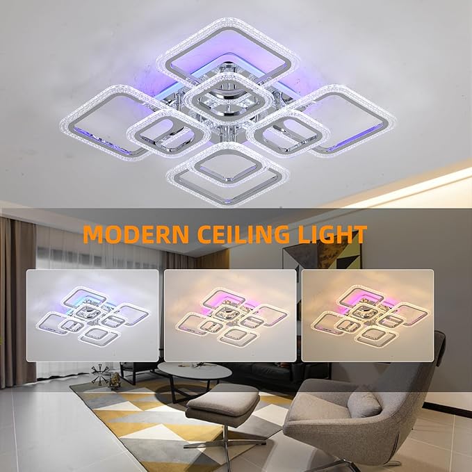 Modern Ceiling Light,Dimmable Living Room Lights Ceiling,8 Squares LED Kitchen Ceiling Light Fixture for Laundry Room,Hallway,3000-6000K,Chrome