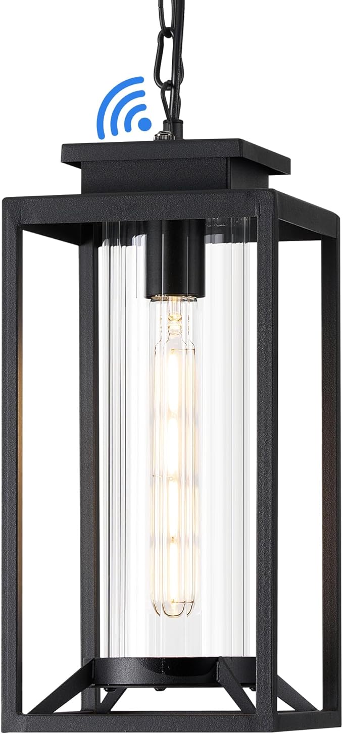 Outdoor Pendant Light, 14" Large Dusk to Dawn Outdoor Chandelier Lantern with Sensor, Black Modern Exterior Hanging Porch Light with Cylinder Glass, Adjustable Long Chain, OS-KY1002
