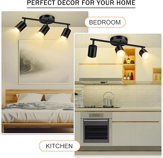 BoostArea LED 3 Light Track Lighting Kit, Black 3 Way Ceiling Spot Lighting, Flexibly Rotatable Light Head for Kitchen, Living Room, Bedroom, GU10 Bulb Not Included