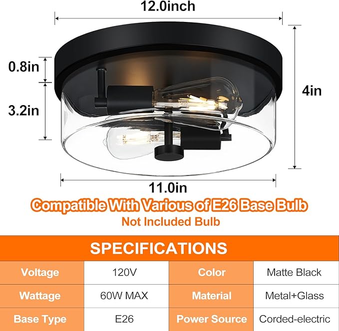 Flush Mount Ceiling Light Fixtures, 2-Light Black Ceiling Mount for Farmhouse with Clear Glass Lampshade, Industrial Flush Mount Light Fixture for Hallway, Kitchen, Entryway and Foyer
