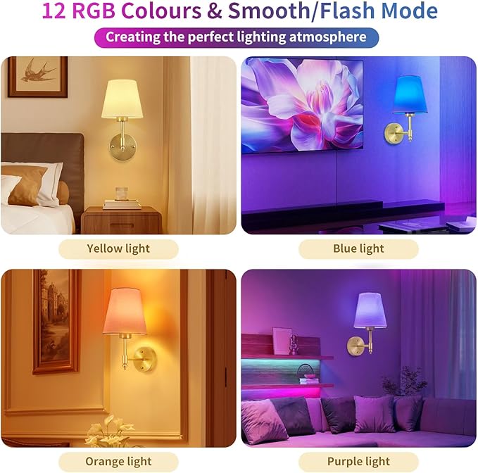 Battery Operated Wall Sconce Set of 2, Rechargeable Wireless Wall Lights with fabric Lampshade, 5200mAh Dimmable Bulbs with Remote,15 Colors Wireless Wall Lamps for Bedroom Living Room Hallway Decor