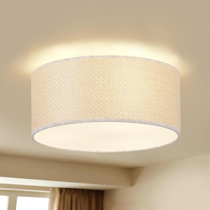 13Inch Farmhouse Semi Flush Mount Ceiling Light,Drum Shade 3-Light Rustic Ciling Fixture for Bedroom,Living Room,Hallway,Entryway,Kitchen,Creating Soft Ambient Home Lighting