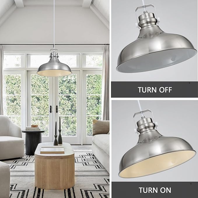 Brushed Nickel Farmhouse Pendant Lights Matte Pendant Lighting for Kitchen Island Industrial Adjustable Height Vintage Dome Hanging Light Fixtures for Barn, Dining Room 3 Packs