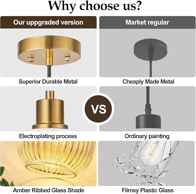 1 Pack Pendant Lights with Vintage Amber Ribbed Glass Lampshade, Adjustable Brushed Gold Pendant Lights Fixtures for Kitchen Island Lighting Sink, Dining & Living Room Hallway (Bulbs Not Included)