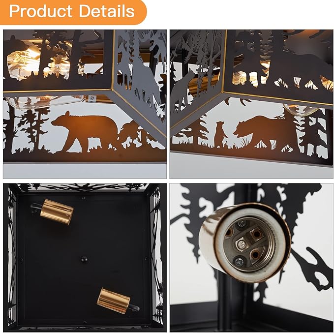Rustic Bear Flush Mount Ceiling Light Fixture, Farmhouse Vintage Industrial Metal Cage Light Perfect for Kitchen, Dining Room, Foyer Entryway, Cabin, Loft Lighting (Bulbs not Included)