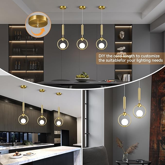 Modern Globe Glass Pendant Light fixtures 1-Light, Simplicity Gold Pendant Lighting, Mid Century Chandelier for Kitchen Island Dining Room Bedroom Entryway Hallway(1-Pack)