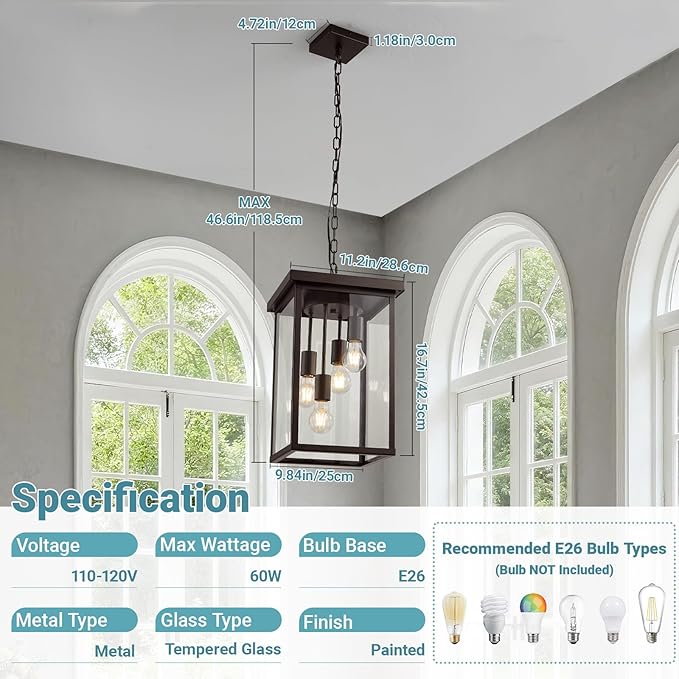 LOUSACE 16'' Outdoor Pendant Light Oil Rubbed Bronze 4-Light Large Outside Pendant Porch Lights Ceiling Haninging Outdoor Chandelier with Clear Glass Exterior Lighting Fixtures for Front Door Entryway