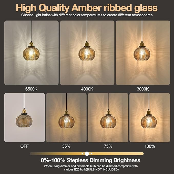 7.8in Vintage Pendant Light 2- Light Kitchen Sink Pendant Lights with Amber Hand Blown Glass Small Hanging Lamp for Kitchen Island Dining Room Bedroom Bathroom Hallway E26