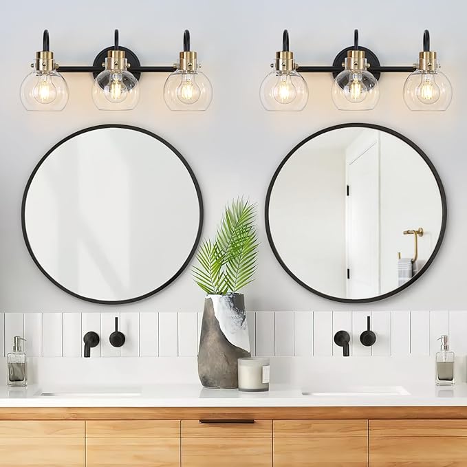 3 Lights Bathroom Light, Black Gold Vanity Light Fixture, Wall Sconces with Globe Clear Glass Shade, Farmhouse Wall Mount Lamp for Mirror, Kitchen, Porch, Living Room, Workshop