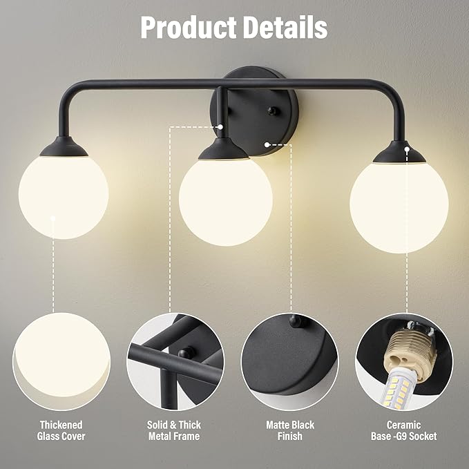 Bathroom Light Fixtures - 3 Light Brushed Brass Vanity Light Over Mirror for Bathroom Mirror Living Room Bedroom, Black Bathroom Wall Sconce with Frosted Glass Shade, 3 G9 Bulbs Included