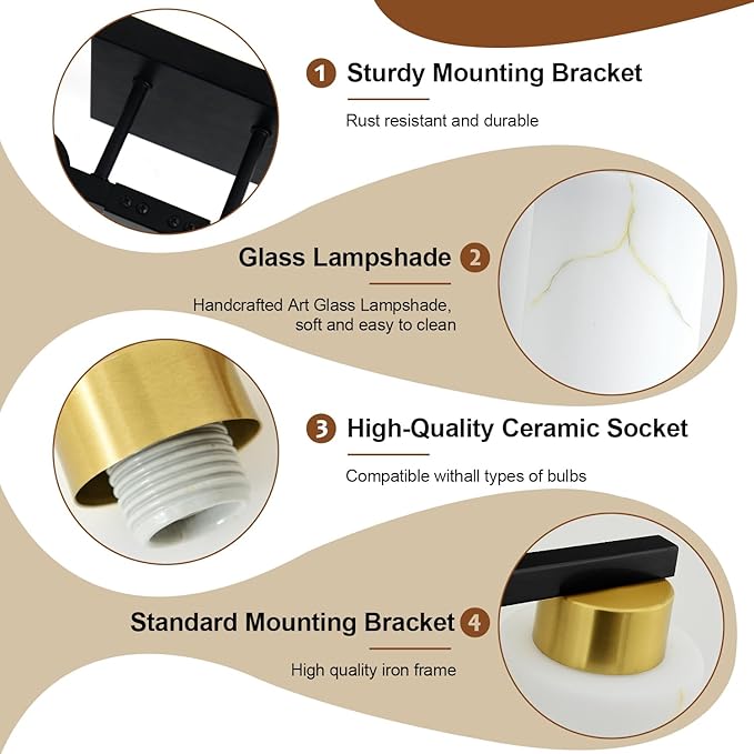 3-Light Bathroom Light Fixtures, Modern Vanity Lights, Black and Gold Metal Wall Lamp with White Marble Glass for Bathroom, Mirror, Living Room, Bedroom, Cabinet, Porch, Hallway, E26 Base