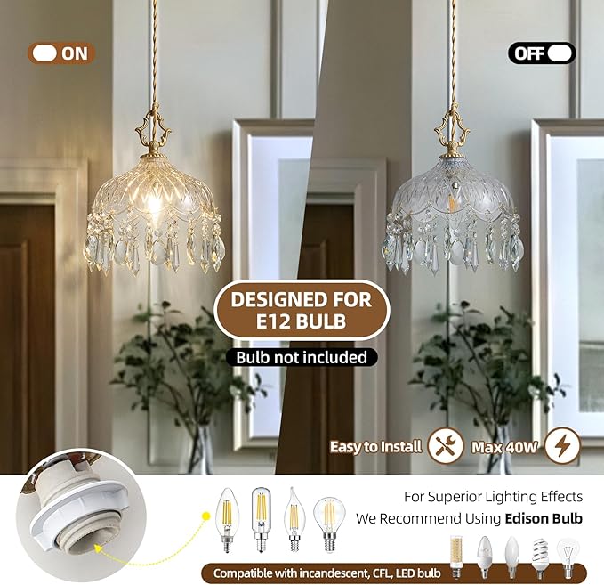 Vintage Small Crystal Pendant Light - Brass Gold Clear Glass Mini Adjustable Hanging Kitchen Island Chandelier - Unique Flower Art Deco for Bathroom Bar Bedroom Dining Room Hallway Closet Sink Over