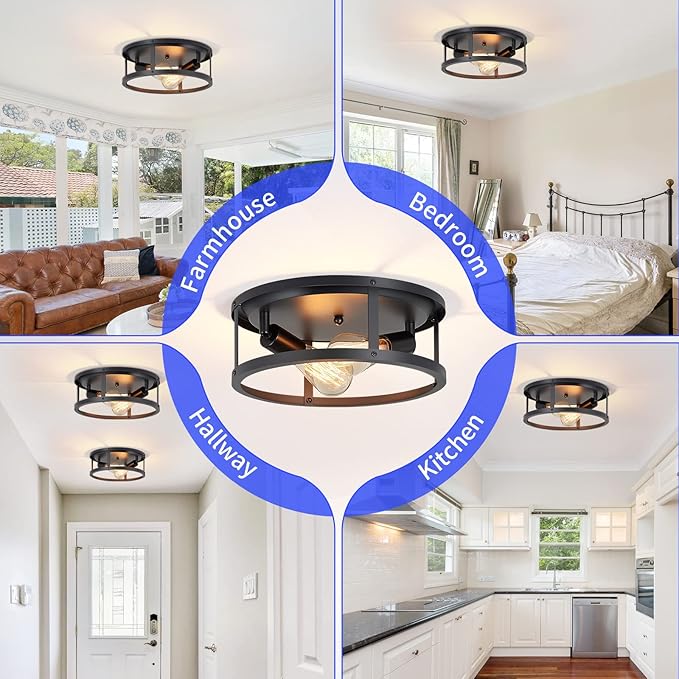 13 inch Black Flush Mount Ceiling Light Fixture,2-Light Hallway Light fixtures Ceiling,Light Fixtures Ceiling Mount for Kitchen,Farmhouse,Bedroom (2 Pack)