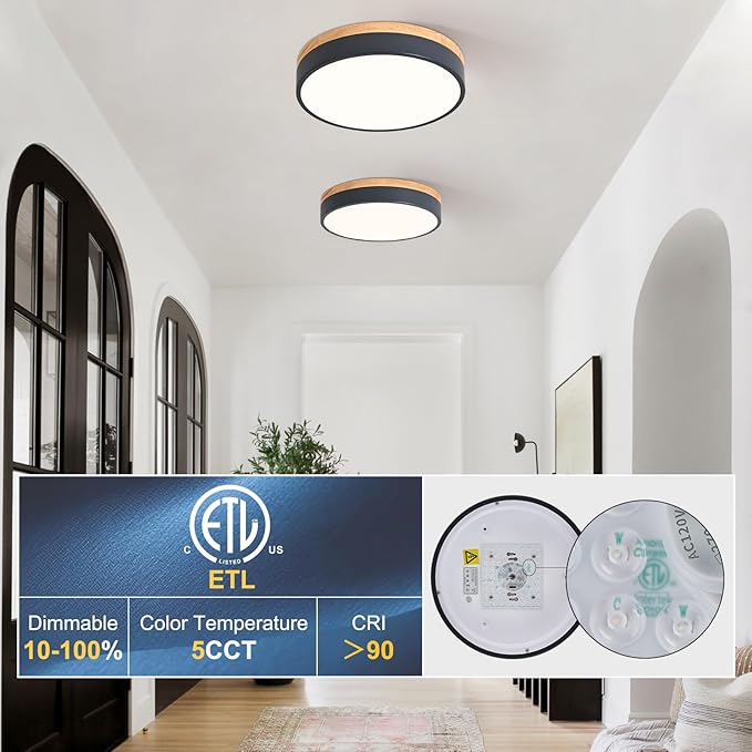 Yiisem Dimmable Wood LED Flush Mount Ceiling Light, 5CCT 2700K-6000K Modern Round Close to Ceiling Lighting Fixtures, Minimalist Grey Ceiling Lamp for Bedroom, Kitchen, Laundry Room, Hallway
