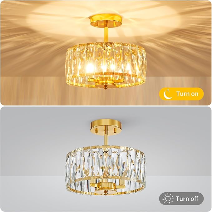 Crystal Ceiling Light, 3-Light Modern Semi-Flushmount Ceiling Light for Living Room, Dinning Room Hallway, D12xH9inch, Gold Finish Frame & K9 Crystal