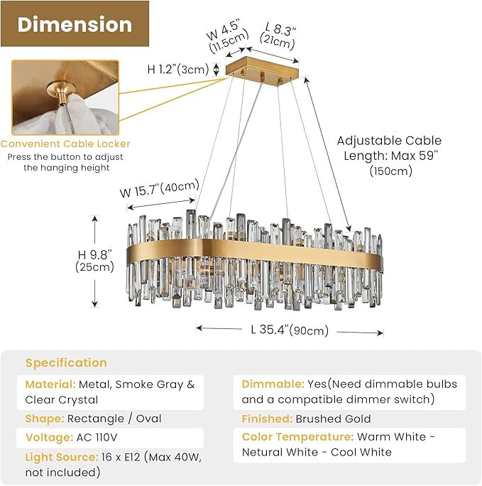 Siljoy 16-Light Modern Crystal Chandelier, Luxury Dimmable Brass Gold K9 Raindrop Crystal Chandelier, Adjustable Crystal Pendant Ceiling Light for Dining Room Living Room Kitchen Island L35.4''