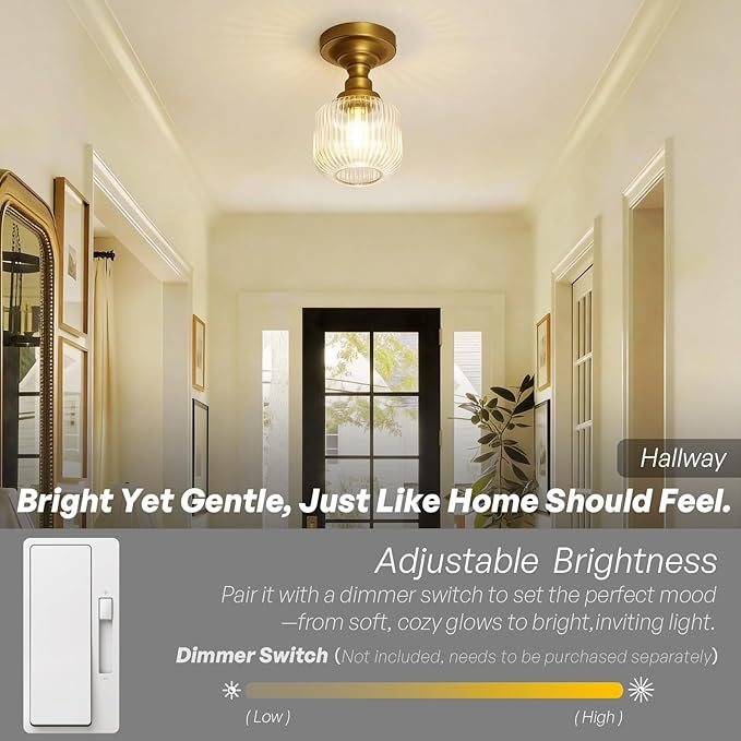 Modern Schoolhouse Semi Flush Mount Ceiling Light with Clear Ribbed Glass Lampshade, Industrial Close to Ceiling Light Fixture for Farmhouse Bedroom Entryway Stairs