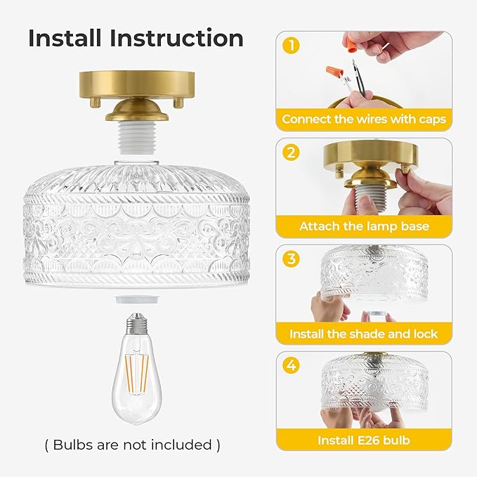 Semi Flush Mount Ceiling Light Gold, Upgraded Larger Vintage Glass Pendant Lamp Shade, Modern Farmhouse Light Fixture for Hallway Corridor Kitchen Entryway Bedroom, Bulb Not Included