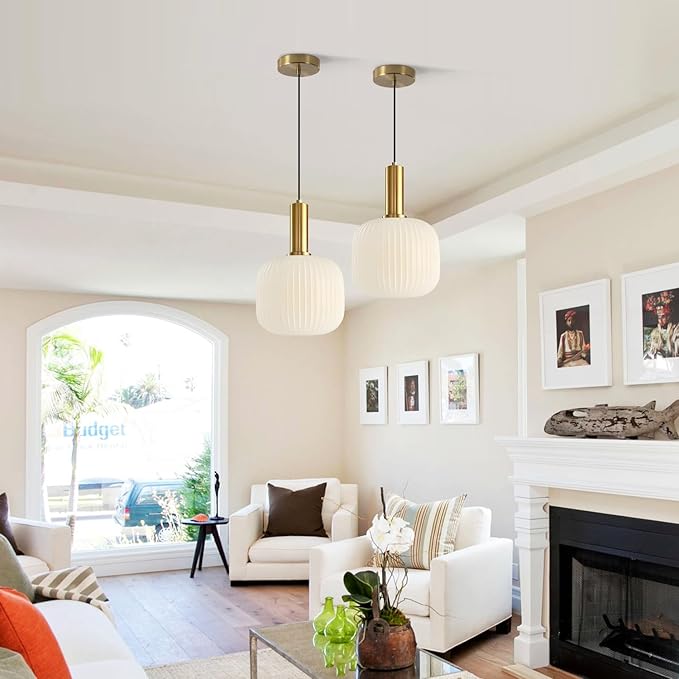 BOKT Pendant Lights Kitchen Island Brass Modern Gold Pendant Light Fixtures 7.9" Vintage Adjustable Height Hanging Lamp with Milk White Glass Shade for Entryway Dining Room Hallway