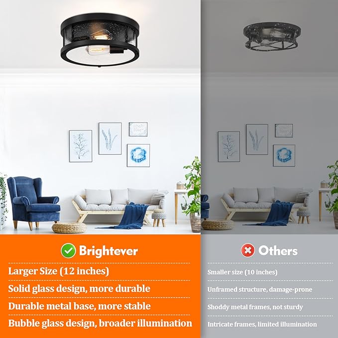 Black Flush Mount Ceiling Light Fixture, Farmhouse Light Fixture with Seeded Glass Lampshade, 2-Light Industrial Close to Ceiling Lighting for Hallway, Kitchen, Entryway, Foyer(Bulb Not Included)