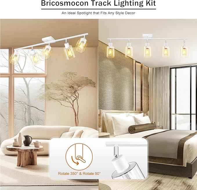 Track Lighting, LED Track Lighting Fixtures Ceiling Clear Glass Shade, 40" Modern 5-Light Kitchen Ceiling Light, White Spotlight Kit, Wall Light with Rotatable Heads, Industrial Decor(E26, NO Bulb)