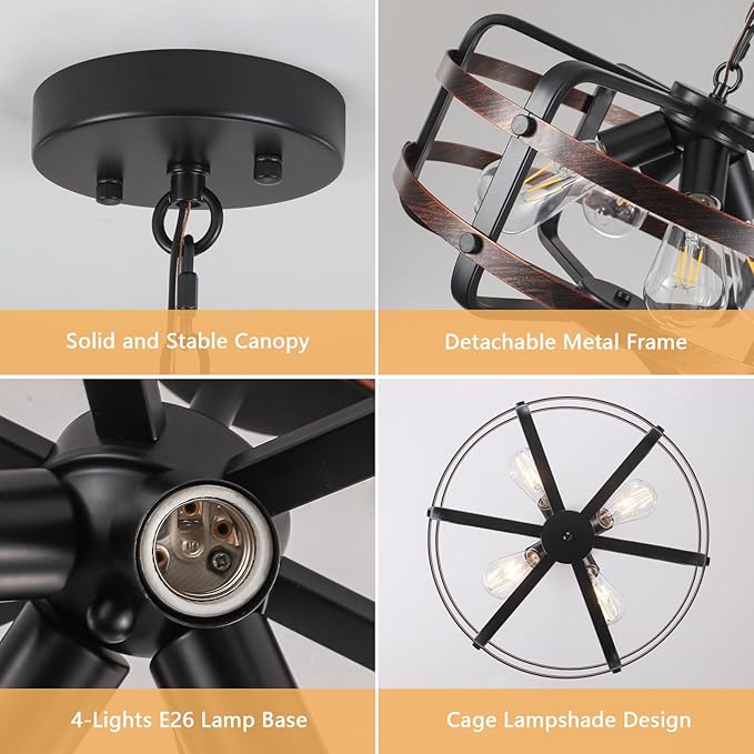 17.71" Modern Farmhouse Chandelier 4-Lights Cage Industrial Black Chandeliers for Dining Room Light Fixture Rustic Lantern Pendant Vintage Lighting Fixtures for Foyer Kitchen Entryway Living Room E26