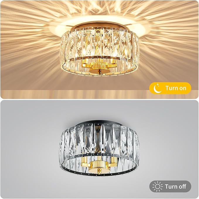 K9 Crystal Ceiling Light, 3-Light Modern Flush Mount Ceiling Light Fixture for Living Room, Dinning Room Hallway, D12 × H6 inch, Black & Gold Finish Frame & K9 Crystal