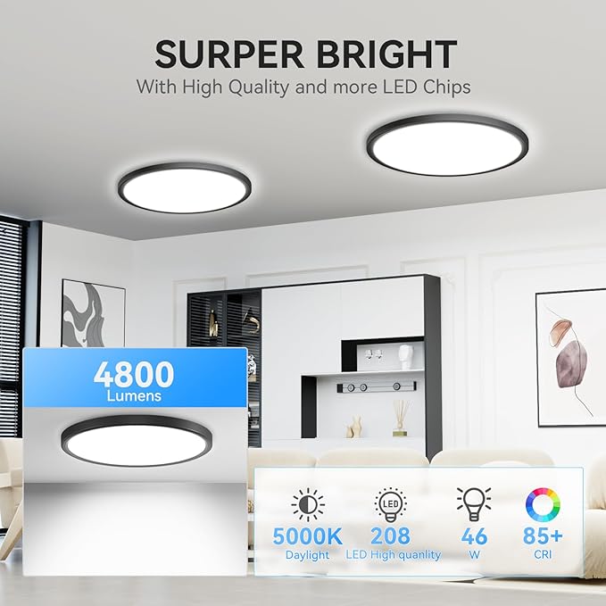 4700lm LED Flush Mount Ceiling Light, Super Slim 16 inch LED Ceiling Light, 5000K LED Ceiling Light for Bedroom, Living Room, Dining Room (Black, Four Pack)
